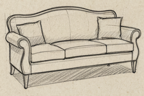 Sketch of a classic three-place sofa with rolled arms and two cushions.