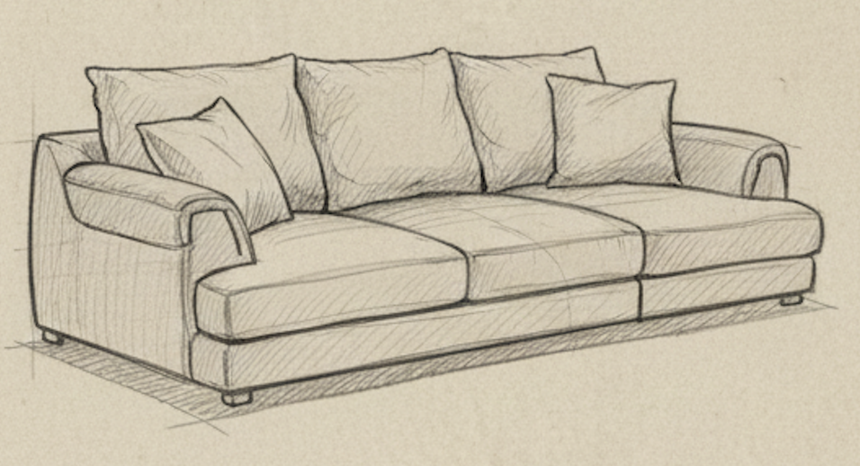 Sketch of a three-seater sofa with cushions and pillows.