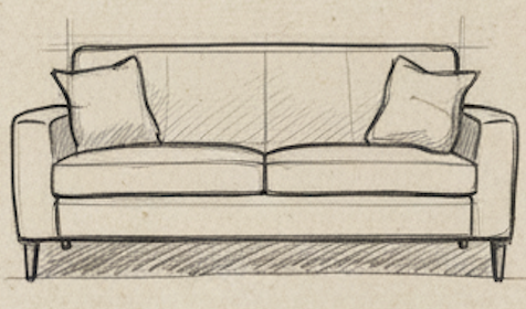 Line drawing of a sofa with two cushions.