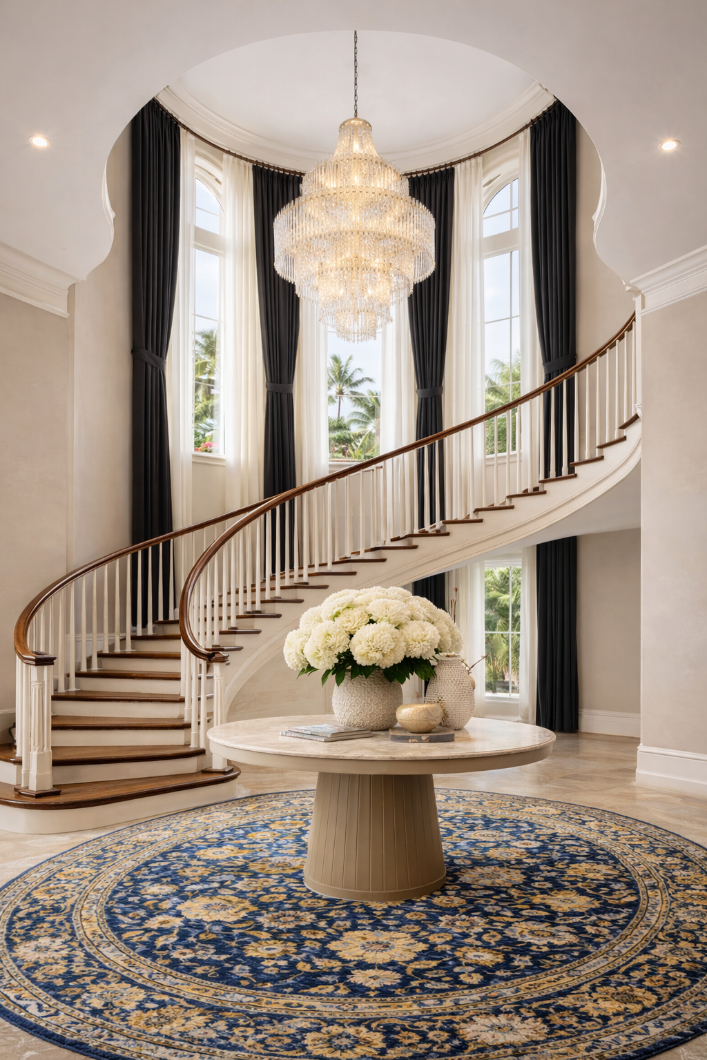 Elegant interior features a grand staircase with dark wood handrail, a large crystal chandelier, tall windows with black and white curtains, a round table with a floral arrangement, and a decorative blue and gold patterned rug.