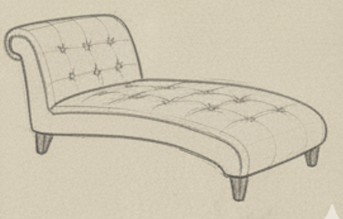 Sketch of a chaise lounge with tufted details and four wooden legs.