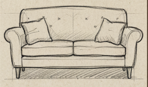 Sketch of a sofa with two pillows.