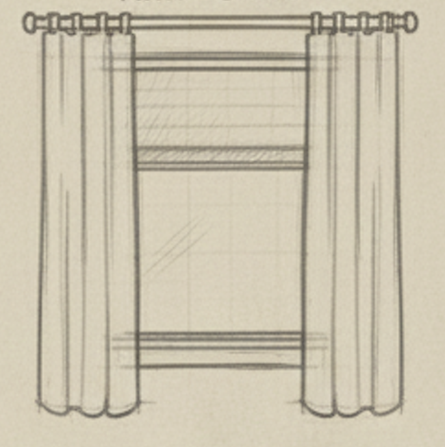 Sketch of a window with curtains hanging on a curtain rod.