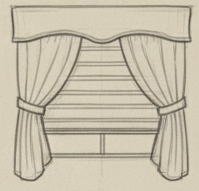 Sketch of a window with curtains and a valance.
