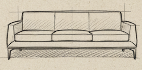 Sketch of a modern three-seater sofa with armrests.