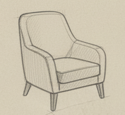 Sketch of an armchair with wooden legs and cushioned seat and backrest.