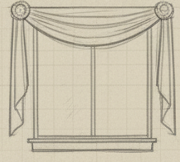 Drawing of a window with curtains and a window sill.