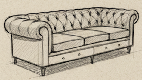 Drawing of a classic tufted sofa with rolled arms and wooden legs.