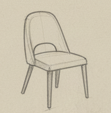 Sketch of a wooden chair with a padded seat, straight back, and four legs.