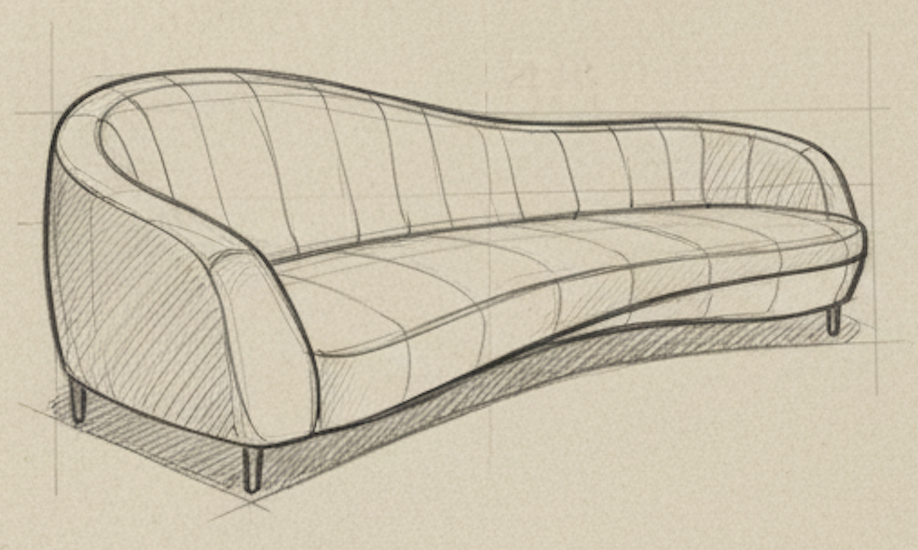 Sketch of a modern, curved sofa with a cushioned seat and backrest, supported by small legs.