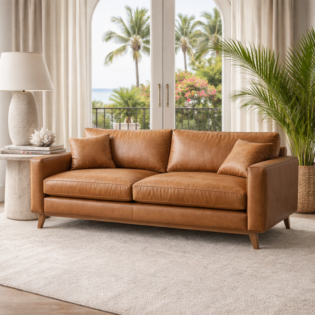 A living room with a tan leather sofa, a side table with a textured white lamp, a large orchid decoration, and a potted palm plant, with glass doors opening to a tropical outdoor view of palm trees and pink flowering bushes.