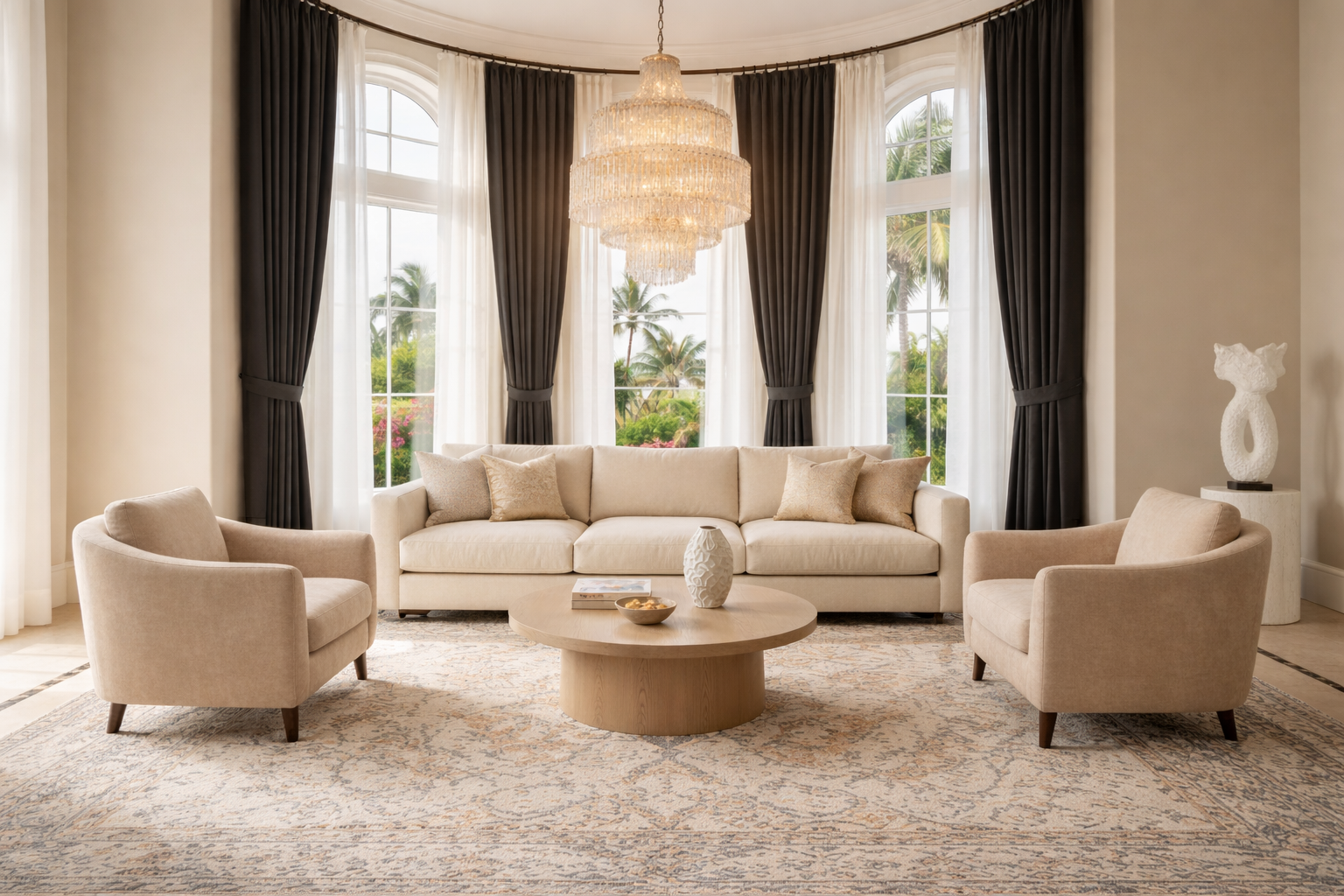 Elegant living room with large windows, cream sofa, two beige armchairs, a round coffee table with decorative vases and a book, a large chandelier, and a patterned area rug.