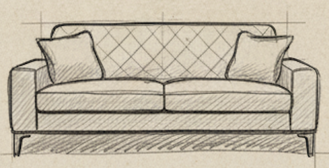 Sketch of a sofa with two cushions and a diamond-patterned backrest.