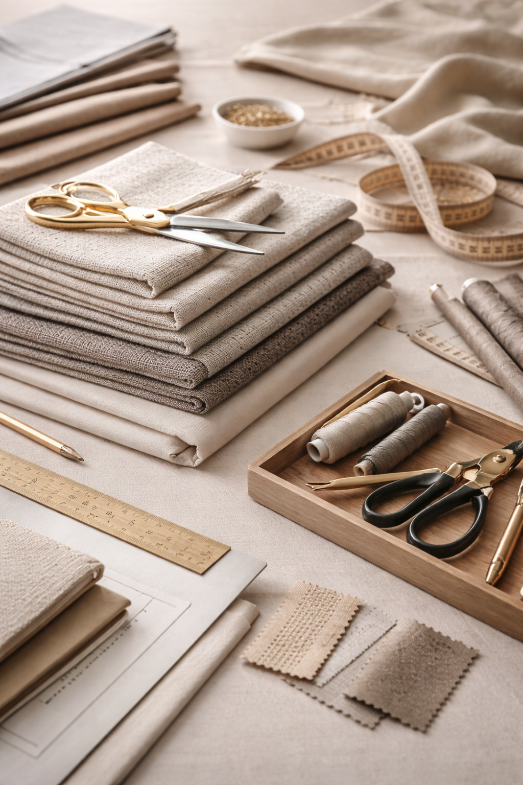 Stack of fabric swatches, scissors, measuring tape, and sewing tools on a table for textile or fashion design