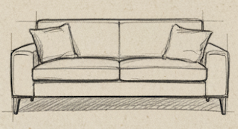 Sketch of a sofa with two cushions, front view, in pencil.