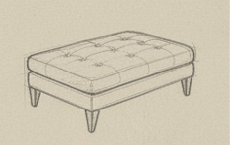 Line drawing of an upholstered rectangular bench with four short legs.