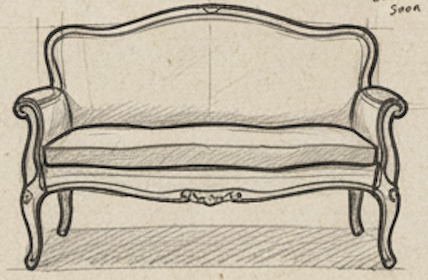 Sketch of an ornate vintage sofa with cabriole legs and curved armrests.