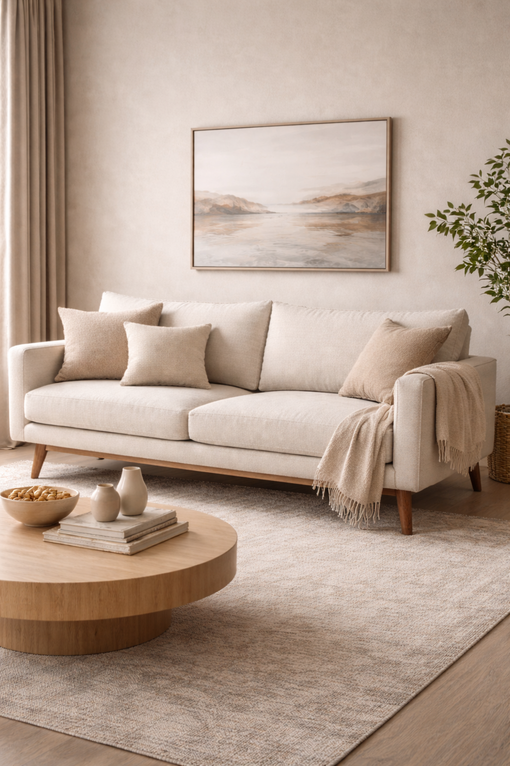 A beige living room with a cream sofa, beige and white pillows, a wooden coffee table with vases and books, a framed landscape painting, beige curtains, a potted plant, and a neutral rug.
