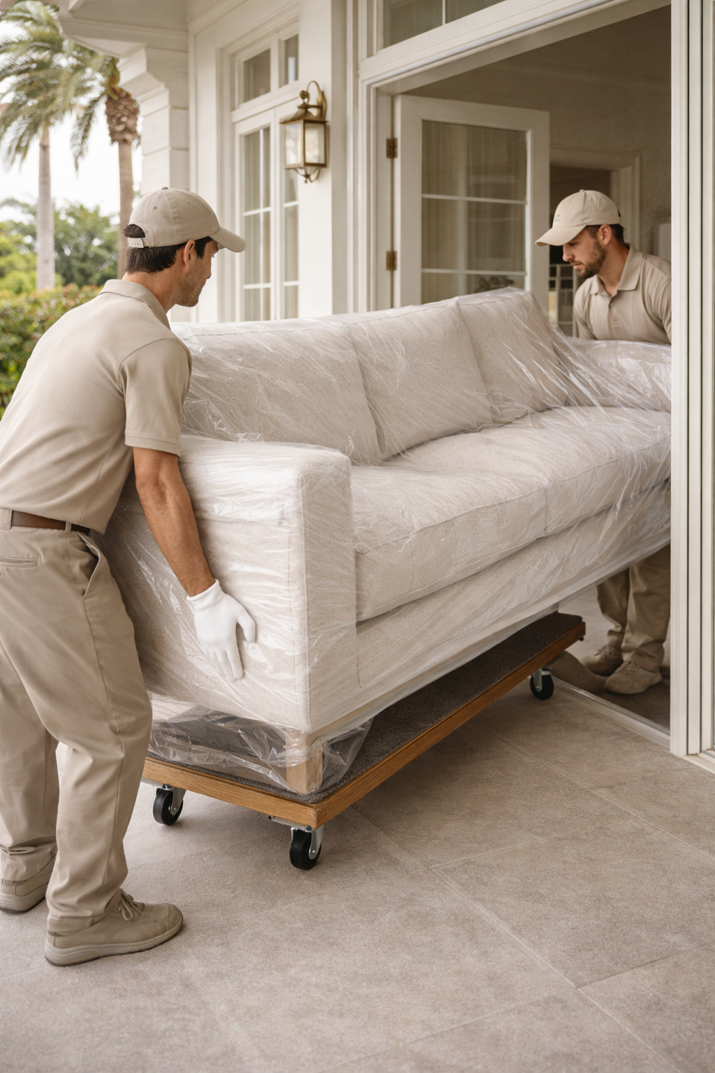 Two movers in beige uniforms and caps are lifting a wrapped sofa onto a moving dolly outside a house with large windows and a porch, with palm trees visible in the background.