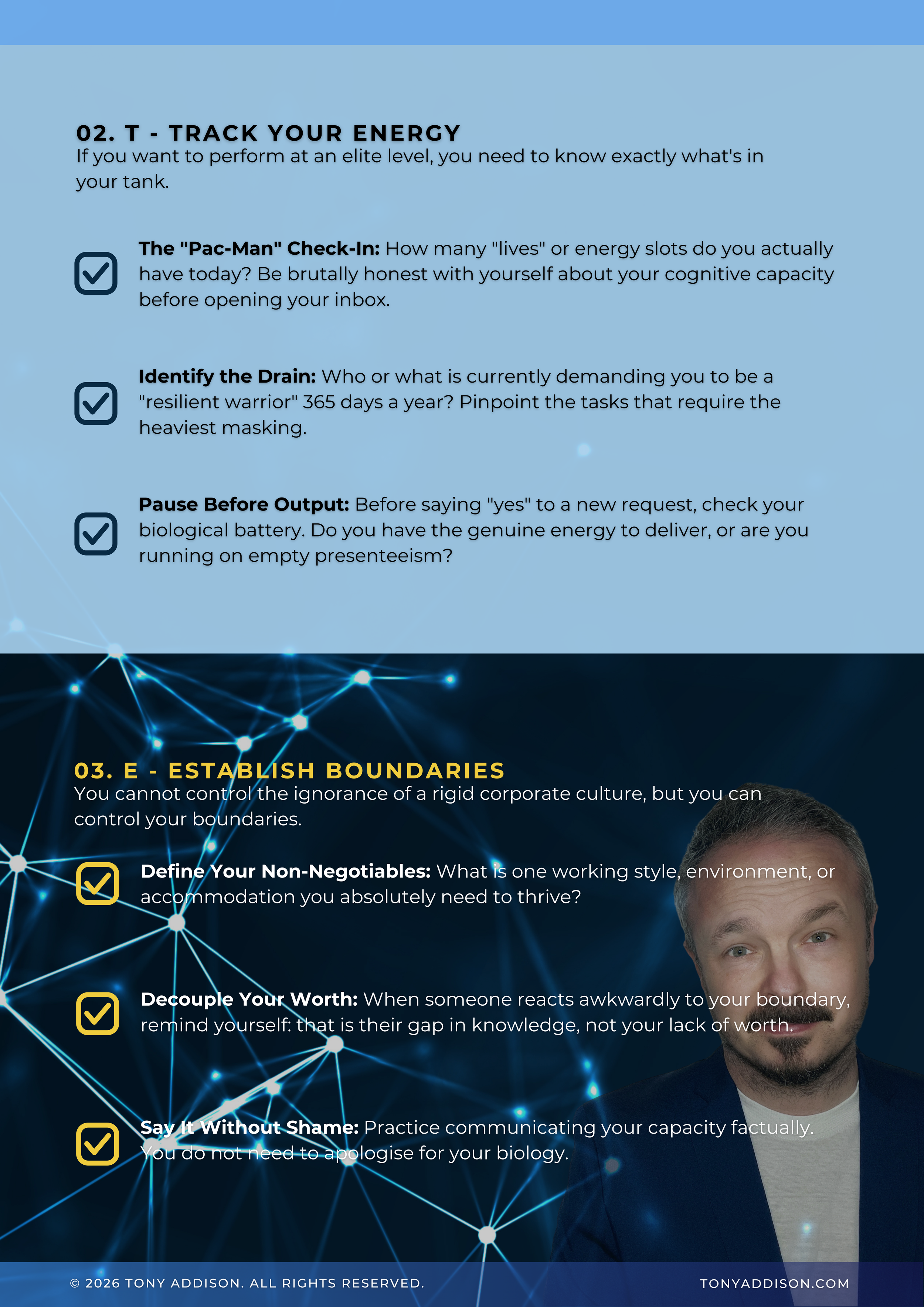 A digital infographic with advice about managing energy and setting boundaries, including checklists for assessing cognitive capacity, identifying demands, checking energy levels, defining non-negotiables, and communicating capacity confidently. The background features a network of glowing blue nodes and a partial portrait of a man.