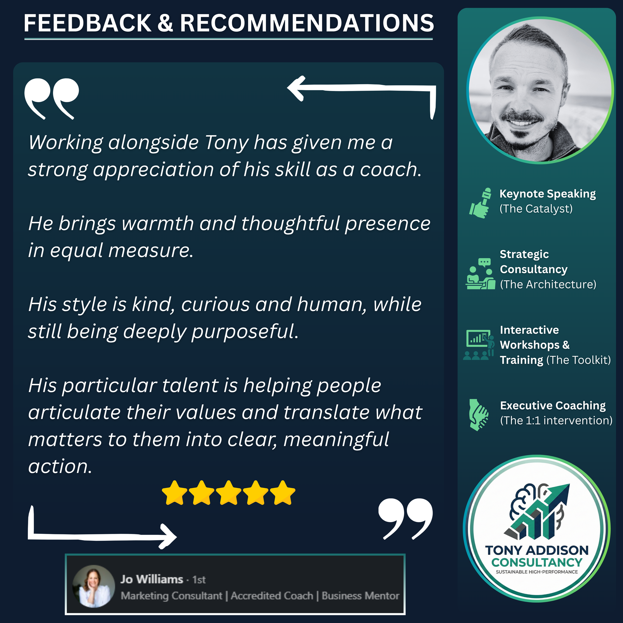 Testimonial graphic from Tony Addison Consultancy with a quote praising Tony for his coaching skills, accompanied by a five-star rating, a photo of a smiling man, and company services listed on the right side.