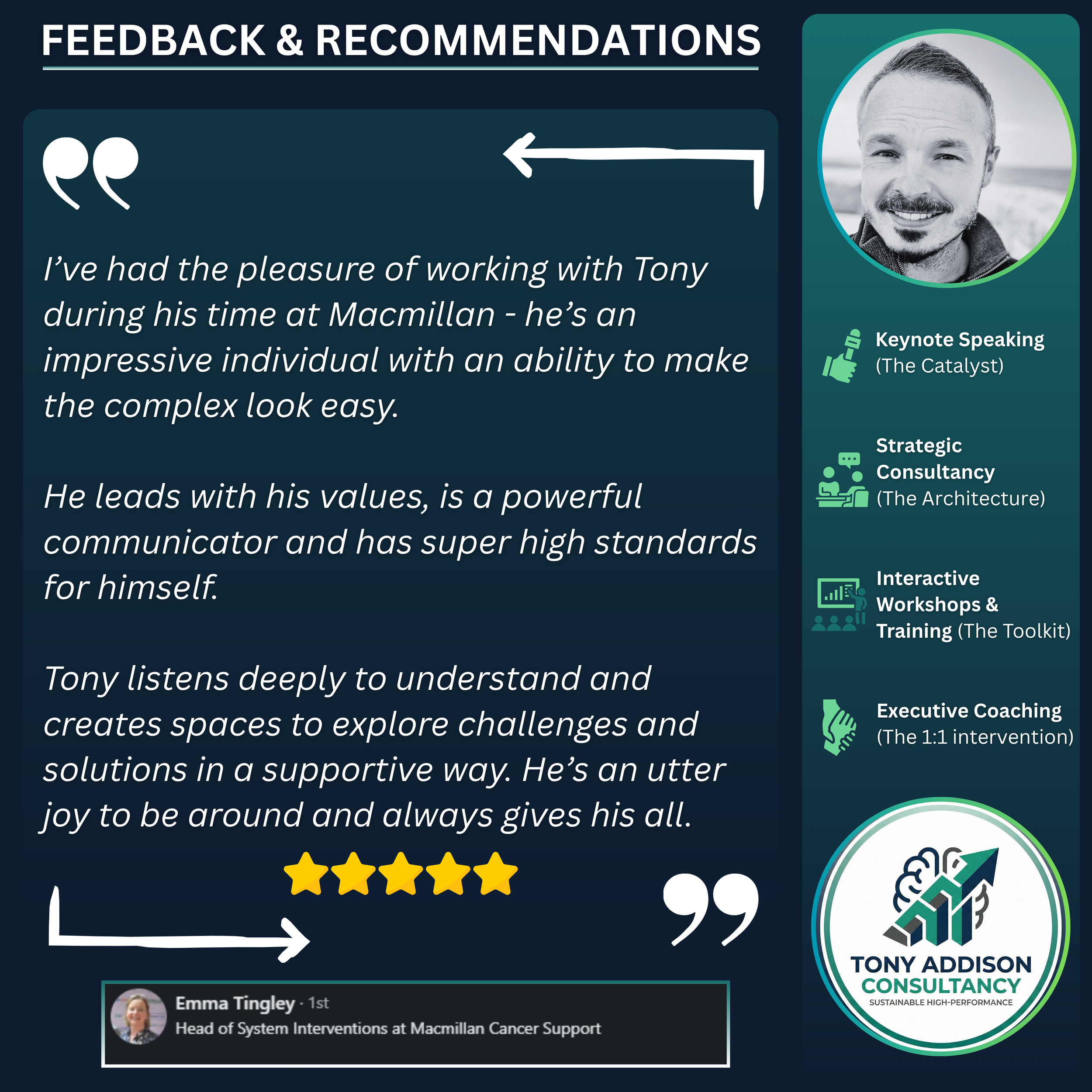 Testimonial quote from Emma Tingley, Head of System Interventions at Macmillan Cancer Support, praising Tony Addison's work and qualities, with a five-star rating. The image includes elements such as a photo of Tony Addison, categories of services offered like keynote speaking, consultancy, workshops, and coaching, along with his logo and contact details.