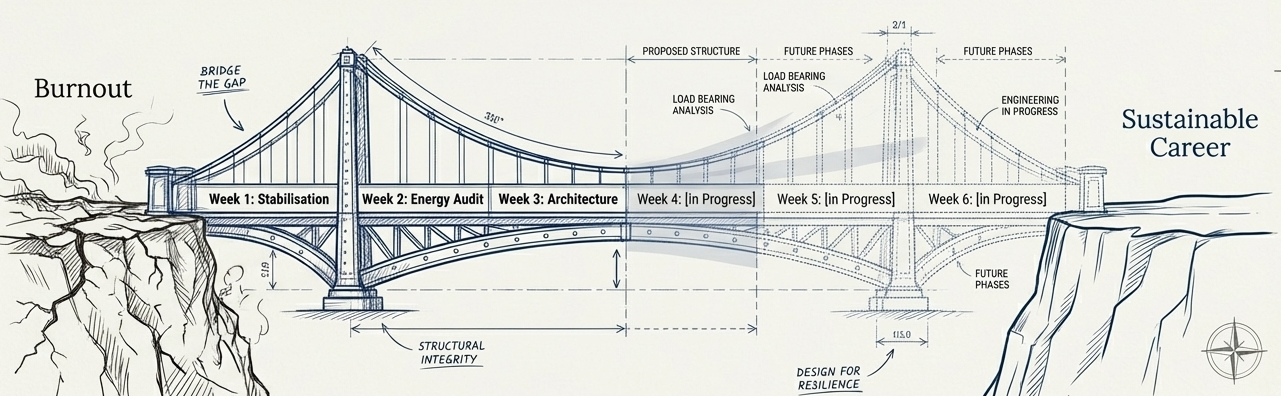 Blueprint illustration of a bridge with development phases from burnout to sustainable career, including stabilization, energy audit, architecture, and progress milestones over six weeks.