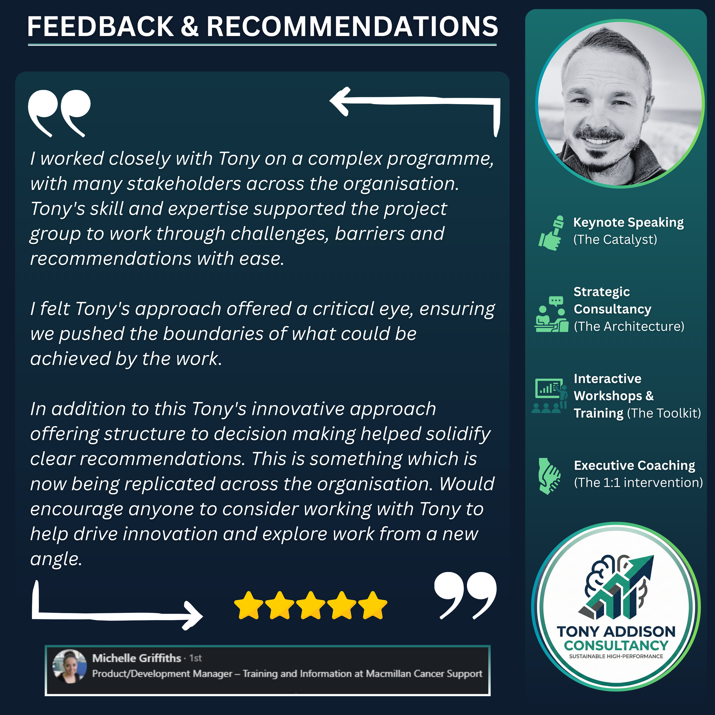 Feedback and recommendation section with a quote praising Tony for his expertise, a five-star rating, and Michelle Griffiths' name and title, along with a photo of a man and icons representing keynote speaking, strategic consultancy, interactive workshops, and executive coaching.