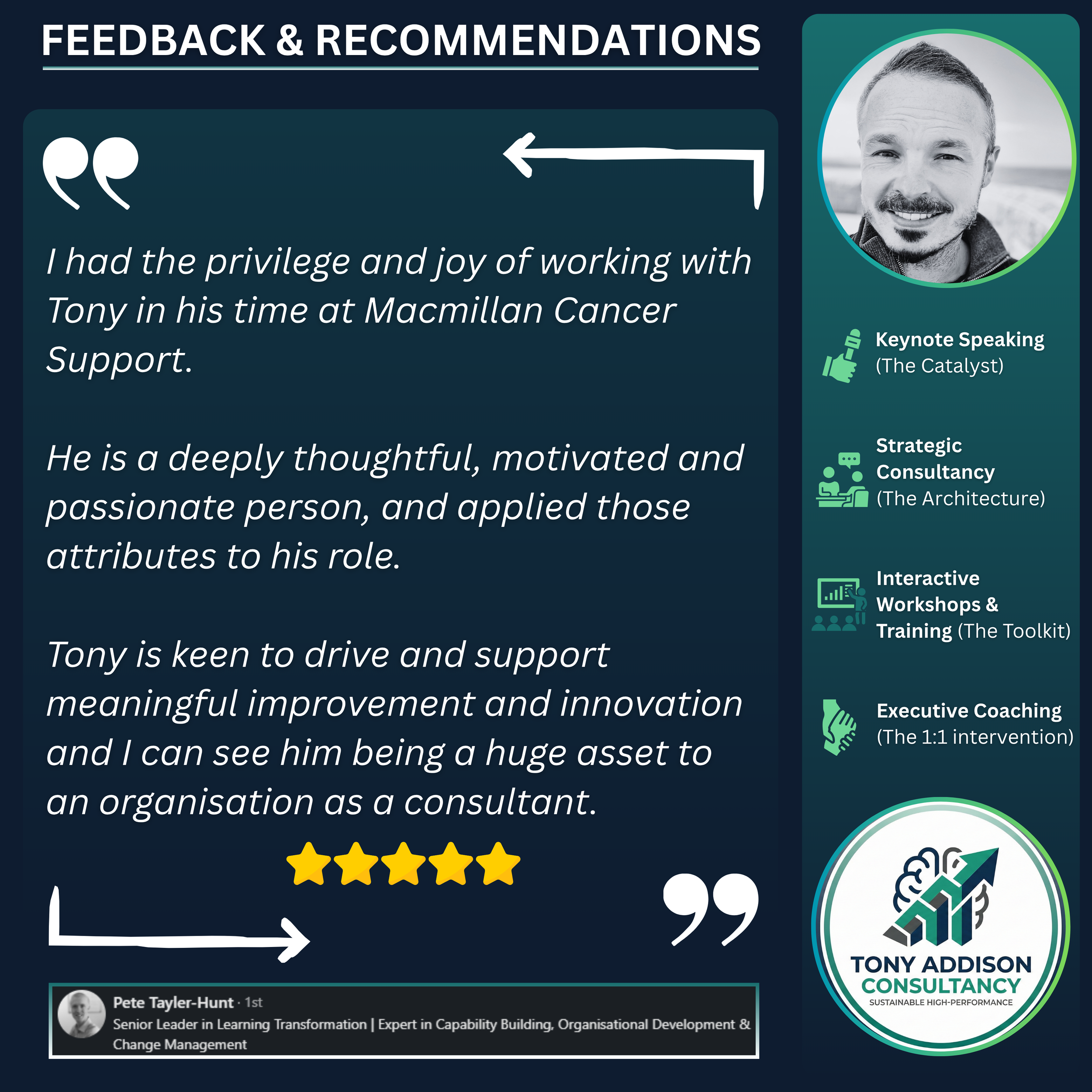 A testimonial quote on a dark teal background praising Tony, a consultant, for his thoughtfulness, motivation, passion, and support during his work at Macmillan Cancer Support. The quote is attributed to Pete Tayler-Hunt, a senior leader in learning transformation. The right side features a grayscale photo of a smiling man with short hair and a goatee, next to icons and titles for different consulting services offered, including keynote speaking, strategic consultancy, interactive workshops and training, and executive coaching. At the bottom right, there's a circular logo for Tony Addison Consultancy with a rising arrow integrated into a brain graphic.