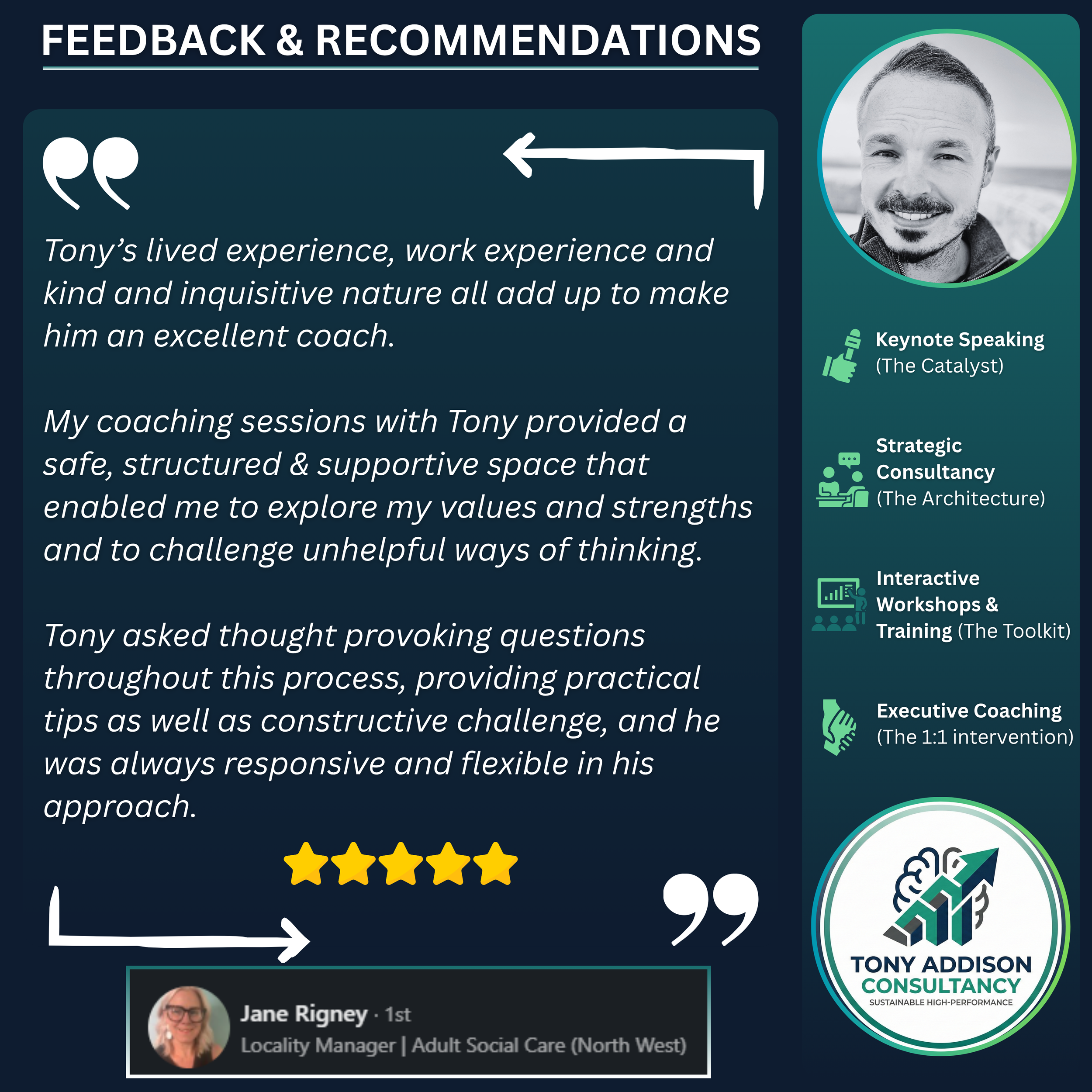 Customer feedback and recommendations section with a quote praising Tony Addison's coaching. The quote is from Jane Rigney, a Locality Manager in Adult Social Care, highlighting his experience, support, and responsiveness. The right side features Tony Addison's photo, a list of services including keynote speaking, strategic consultancy, interactive workshops, and executive coaching, and a logo with a brain and upward arrow, emphasizing sustainable high performance.