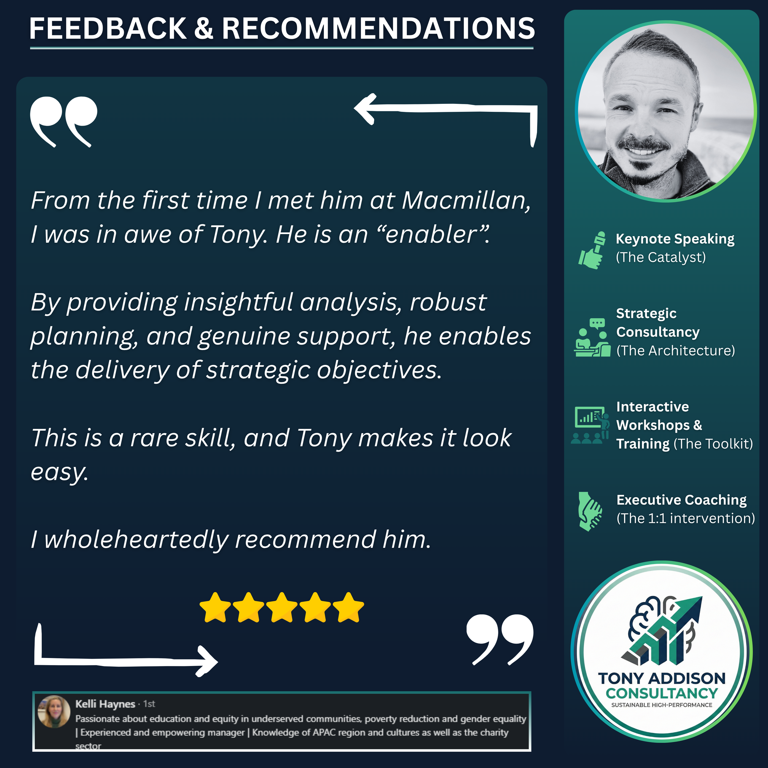 Testimonial or feedback quote from Kelli Haynes praising Tony Addison Consultancy, accompanied by a five-star rating, photo of a smiling man, and logos for Tony Addison Consultancy's services including keynote speaking, strategic consultancy, interactive workshops, and executive coaching.