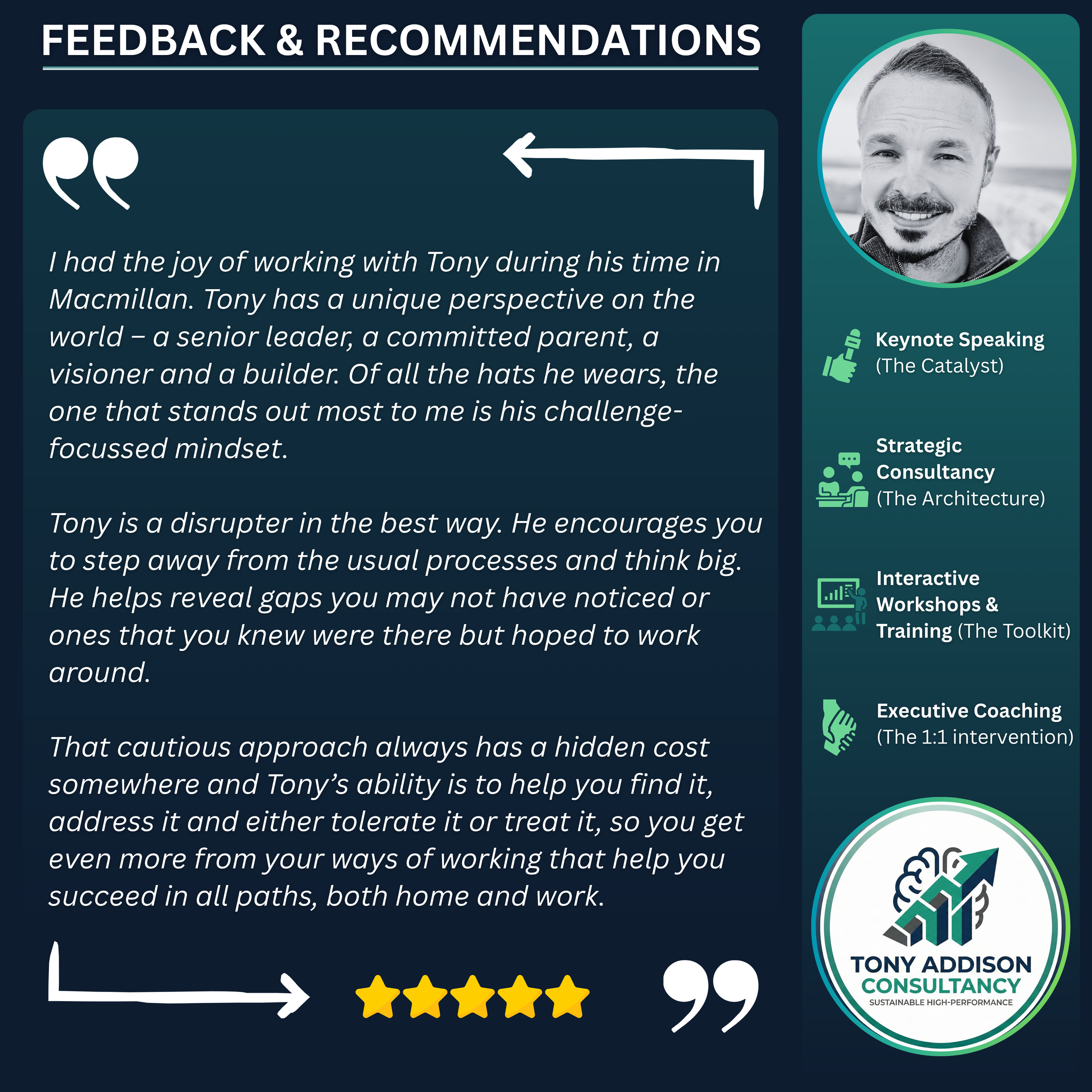 A testimonial from Tony Addison about his work with Tony during his time at Macmillan, highlighting his leadership, perspective, and disruptive innovation. The right side displays Tony's photo with his key roles: keynote speaking, strategic consultancy, interactive workshops and training, and executive coaching. The bottom right shows Tony Addison Consultancy's logo with a rising arrow and brain icon, emphasizing high-performance and sustainability.