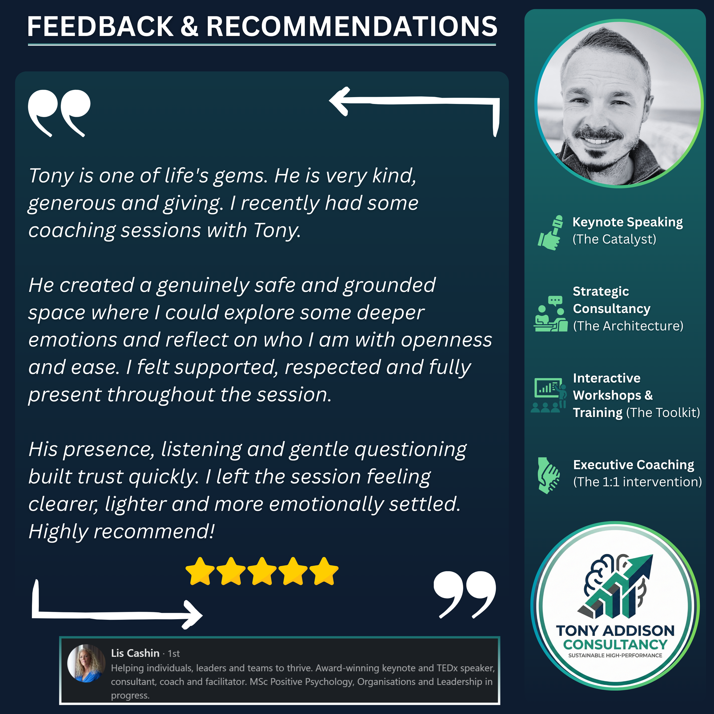 A testimonial feedback page from Tony Addison Consultancy featuring a positive review from Lis Cashin, a photo of Lis Cashin, and icons representing keynote speaking, strategic consultancy, interactive workshops, and executive coaching services.