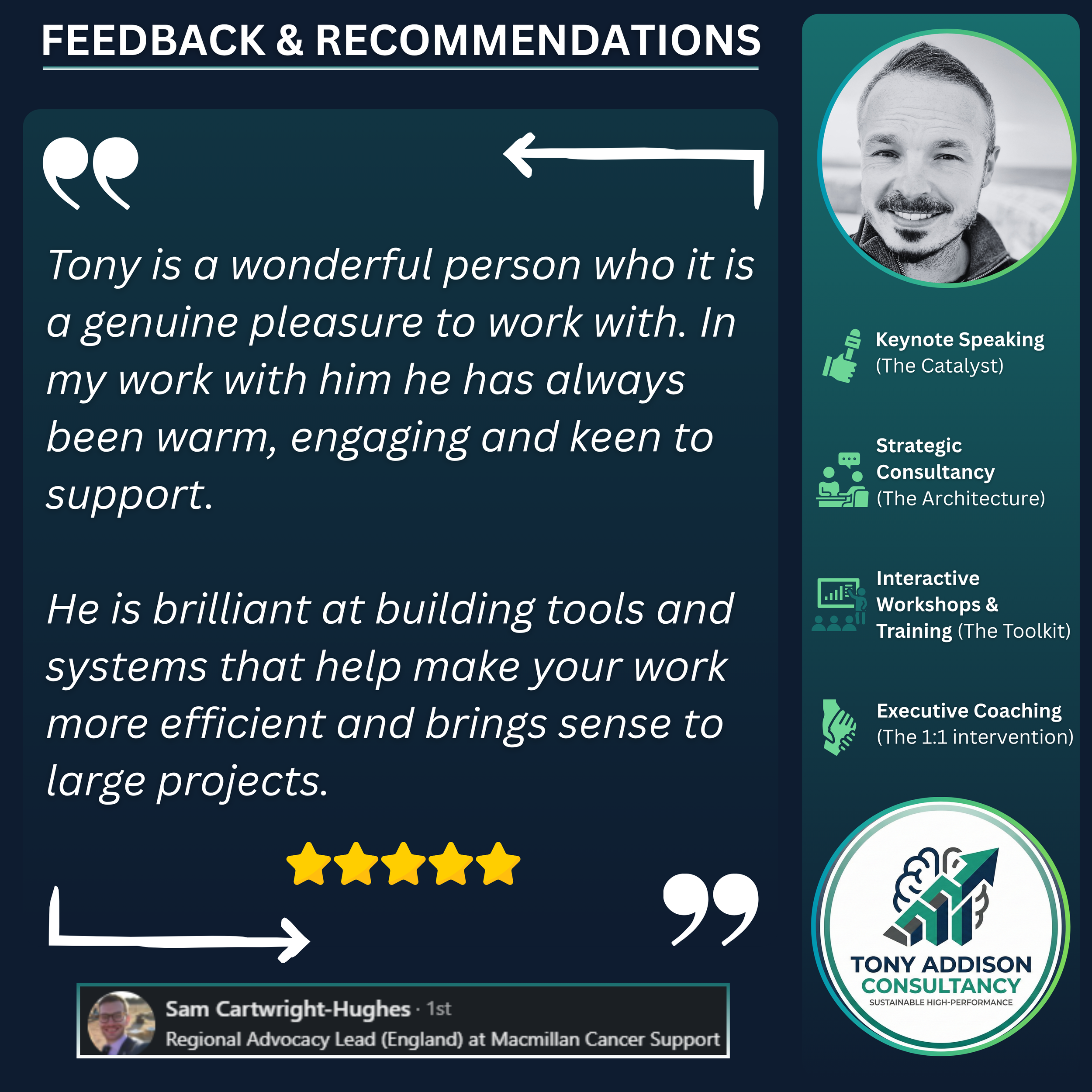 Testimonial feedback on Tony Addison Consultancy with a quote praising Tony as a wonderful person who is warm, engaging, and keen to support, mentioning his expertise with tools and systems. The image includes a photo of Tony Addison, a list of services offered like keynote speaking, strategic consultancy, interactive workshops, and executive coaching. It also features a five-star rating, a testimonial from Sam Cartwright-Hughes, and the Tony Addison Consultancy logo.