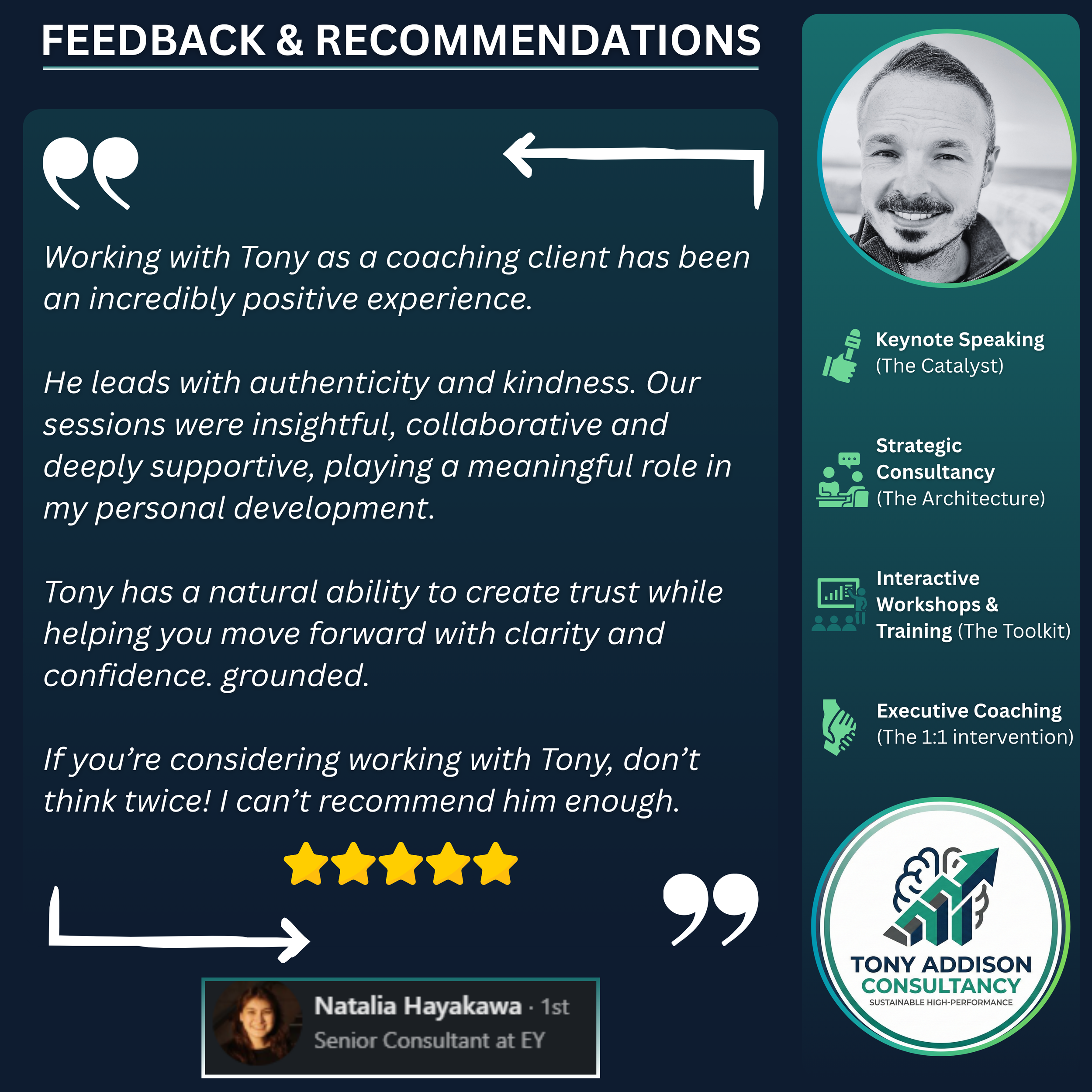 Customer feedback and review for Tony Addison Consultancy with five gold stars, including a photo of Natalia Hayakawa, Senior Consultant at EY, and icons representing keynote speaking, strategic consultancy, interactive workshops, and executive coaching.