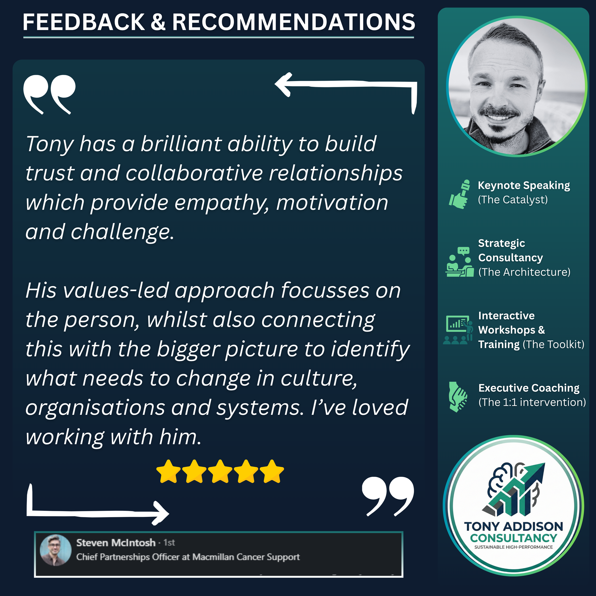 Testimonial feedback and recommendations for Tony Addison Consulting, featuring a quote praising Tony for building trust and relationships, with his photo, professional title, and consulting services listed on the side.