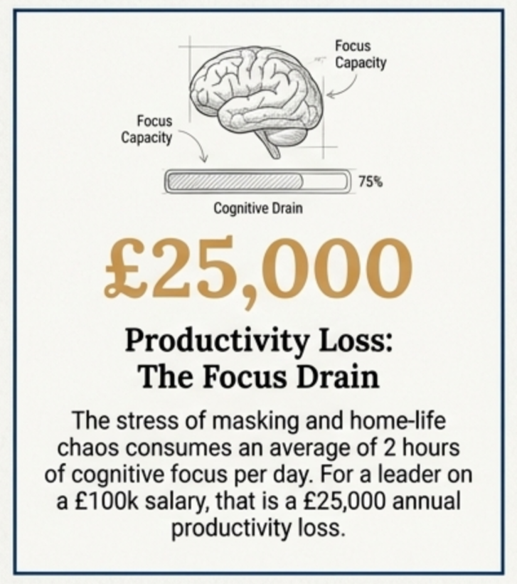 Infographic showing a brain with labeled focus capacity and a bar indicating 75% cognitive drain. It states a £25,000 productivity loss due to stress from mask-wearing and home chaos, based on 2 hours of daily cognitive focus reduction for a person earning £100,000 annually.