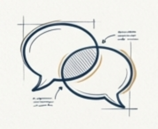 Two overlapping speech bubbles with technical annotation lines and shading.