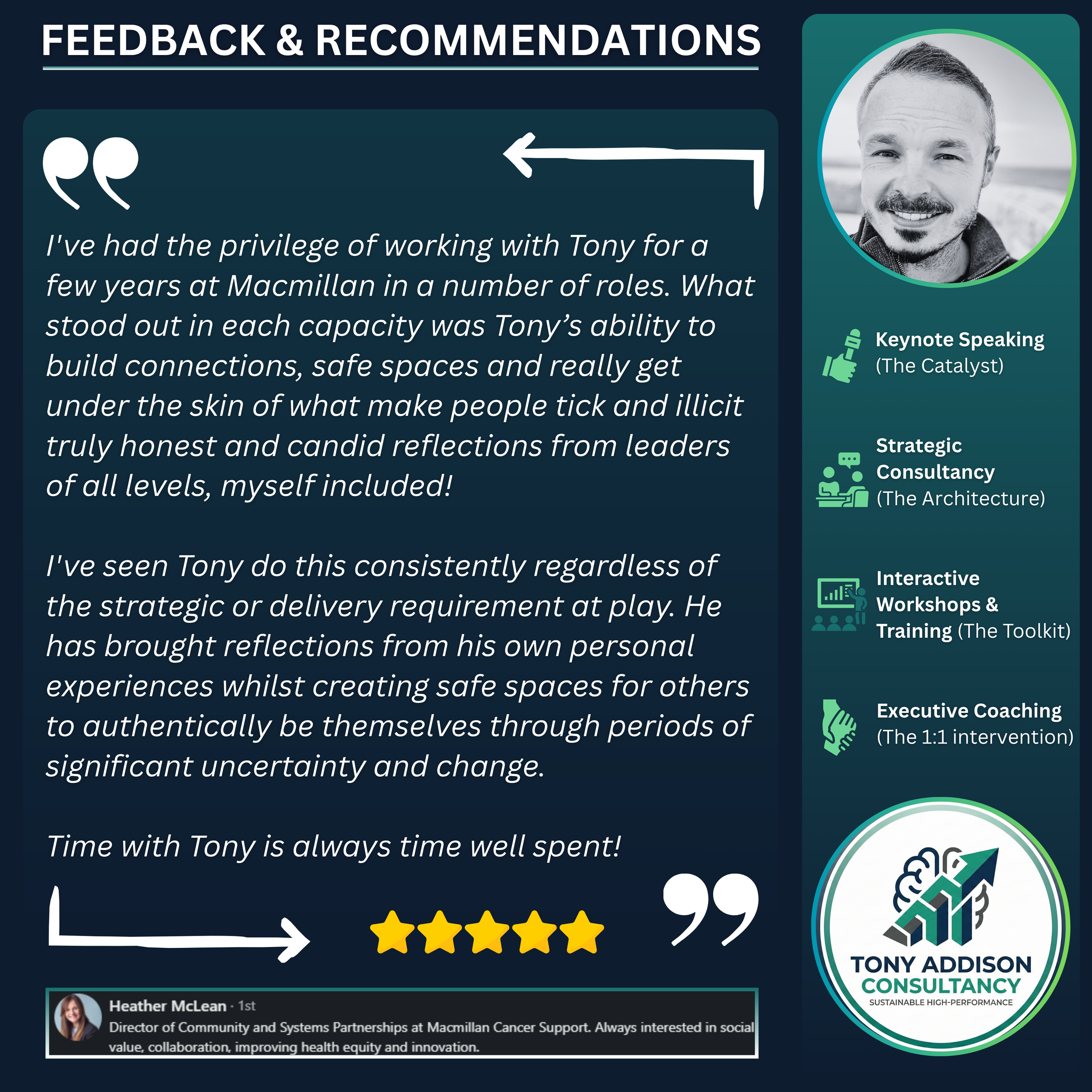 A testimonial with feedback and recommendations about working with Tony Addison, highlighting his ability to build connections and create safe spaces. Includes a photo of a smiling man, icons for keynote speaking, strategic consultancy, interactive workshops, and executive coaching, a 5-star rating, and a logo for Tony Addison Consultancy.