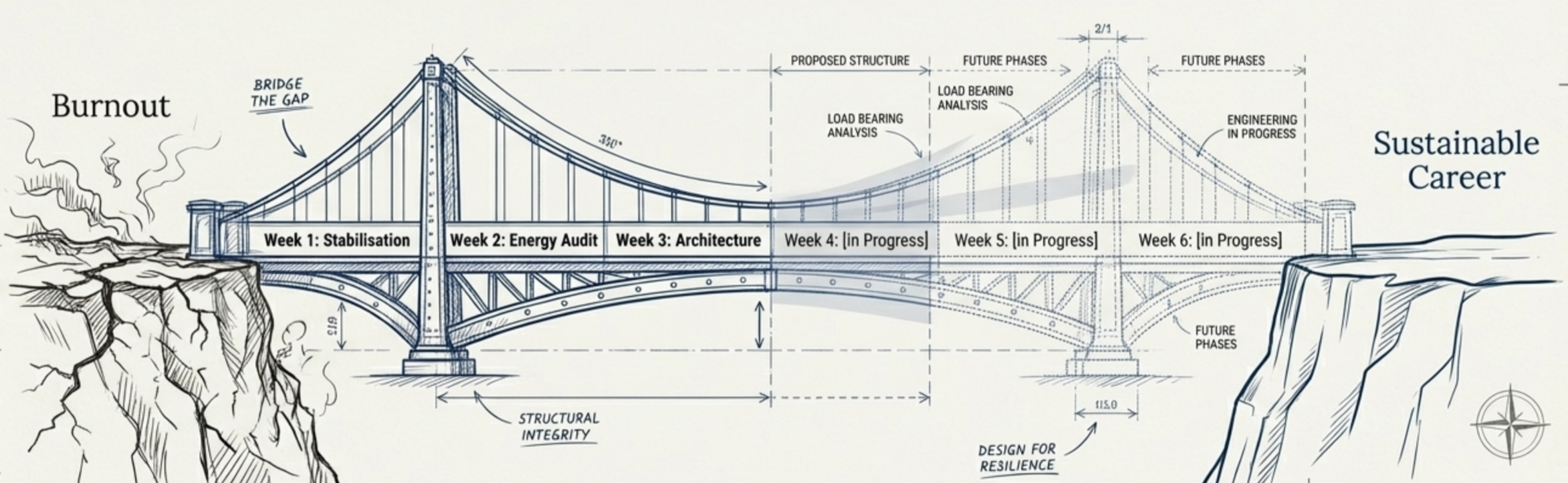 Architectural blueprint of a bridge illustrating the project timeline from stabilization to future phases, highlighting stages like burn out, energy audit, architecture, and engineering in progress, with annotations on structural integrity and resilience.
