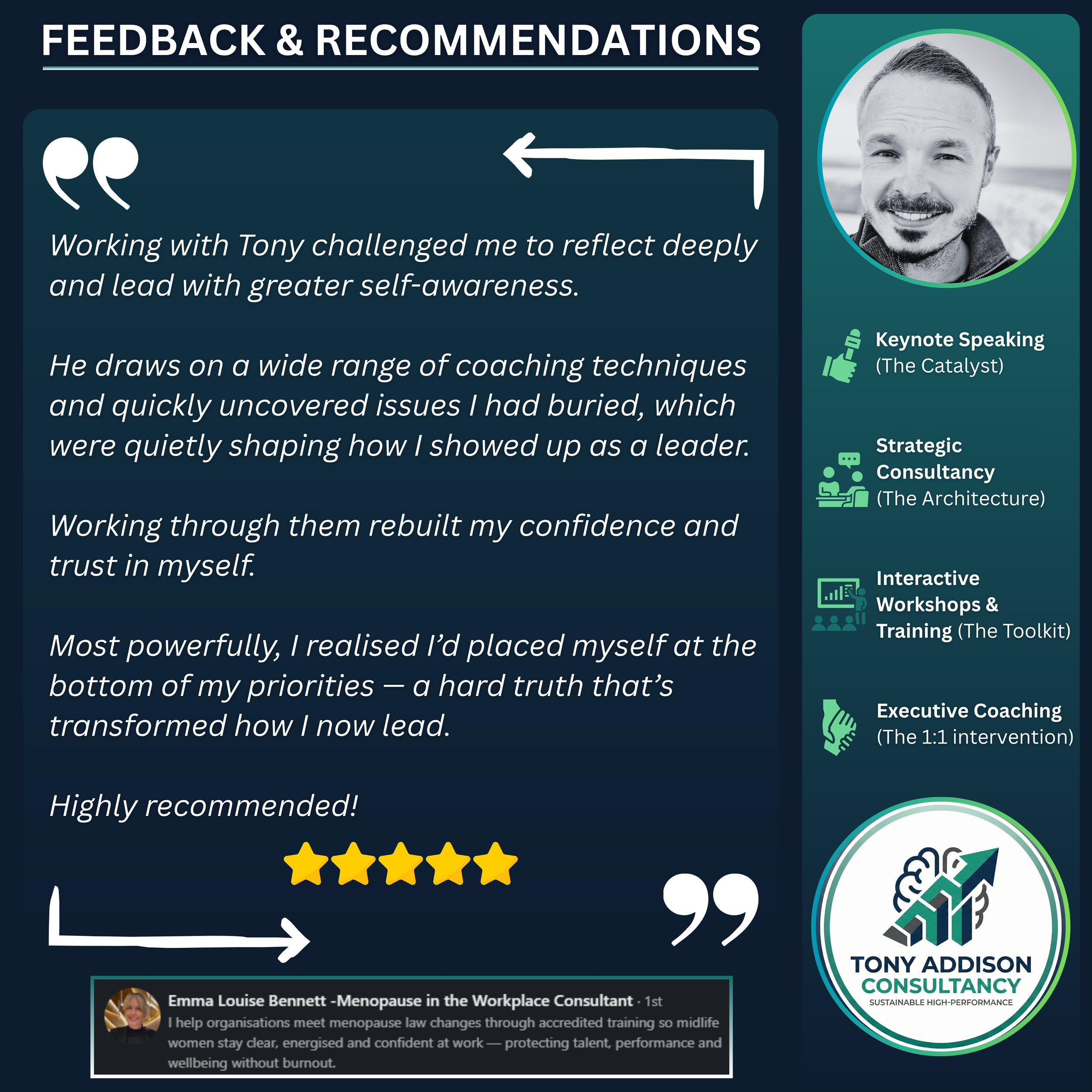 A testimonial quote from Emma Louise Bennett about working with Tony Addison. The quote discusses challenges faced, coaching techniques used, and confidence rebuilt, ending with a five-star rating. There are icons indicating keynote speaking, strategic consultancy, interactive workshops, and executive coaching offered by Tony Addison Consultancy. The image includes a photo of Tony Addison, a logo, and a small profile of Emma Louise Bennett, a menopause and workplace consultant.