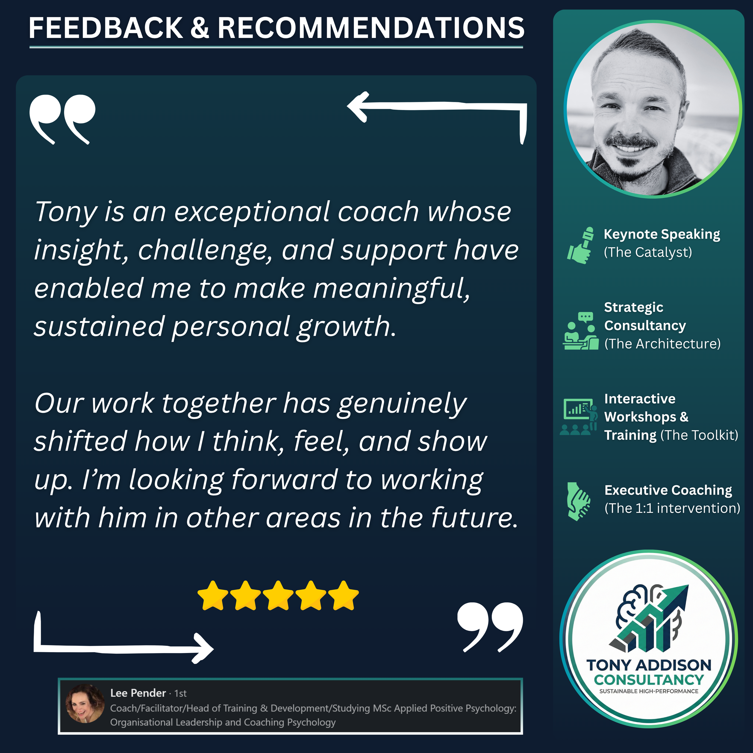 Testimonial from Lee Pender praising Tony Addison for coaching services, with a 5-star rating, a photo of Tony Addison in the top right corner, and icons for coaching, consultancy, workshops, and coaching logos on the right side.