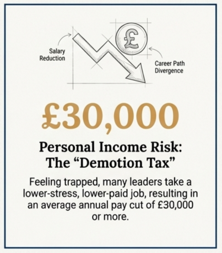 A graphic illustrating the risk of personal income loss due to career path divergence and salary reduction, highlighting a potential pay cut of £30,000 or more, caused by the 'Demotion Tax'.