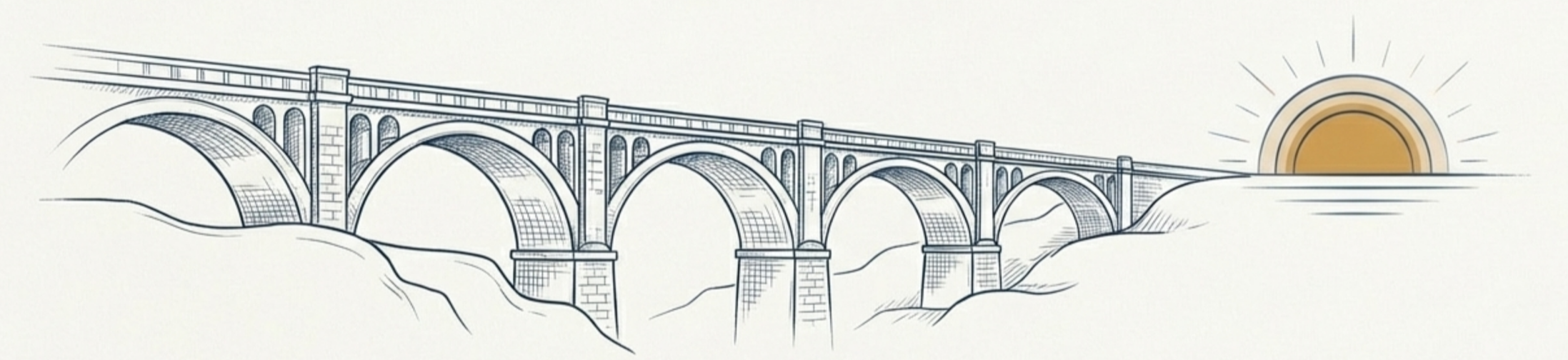 A line drawing of a bridge with arches over a landscape, with a sun setting or rising on the horizon.