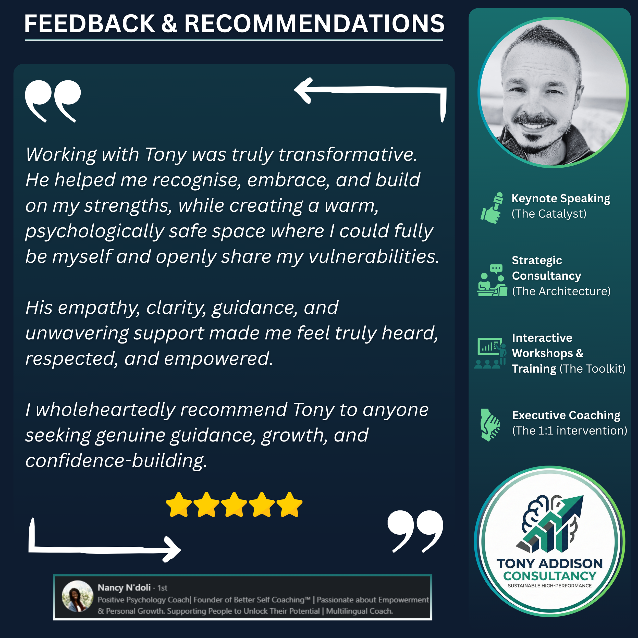 Testimonial from Nancy N'doli praising working with Tony Addison for being transformative, supportive, empowering, and highly recommended for growth and confidence-building, accompanied by a five-star rating and professional information overlay.