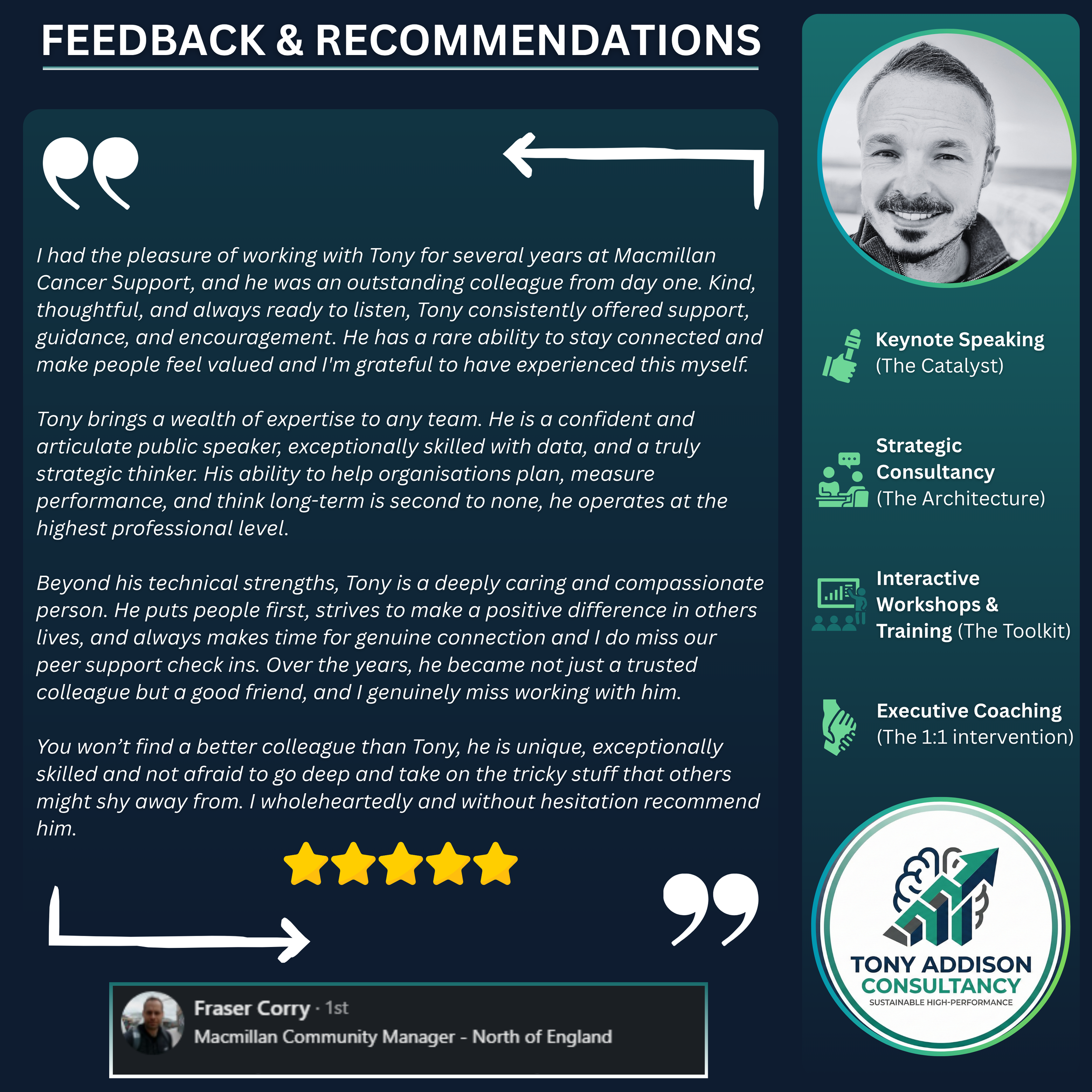 Testimonial and feedback section featuring a quote praising Tony Addison from Fraser Corry, Macmillan Community Manager, with a photo of Fraser Corry. The section highlights Tony's strengths in keynote speaking, strategic consultancy, interactive workshops & training, and executive coaching, with a five-star rating. The bottom right contains Tony Addison Consultancy logo with a graphic of upward arrows and a brain, and the tagline ‘Sustainable High-Performance’.