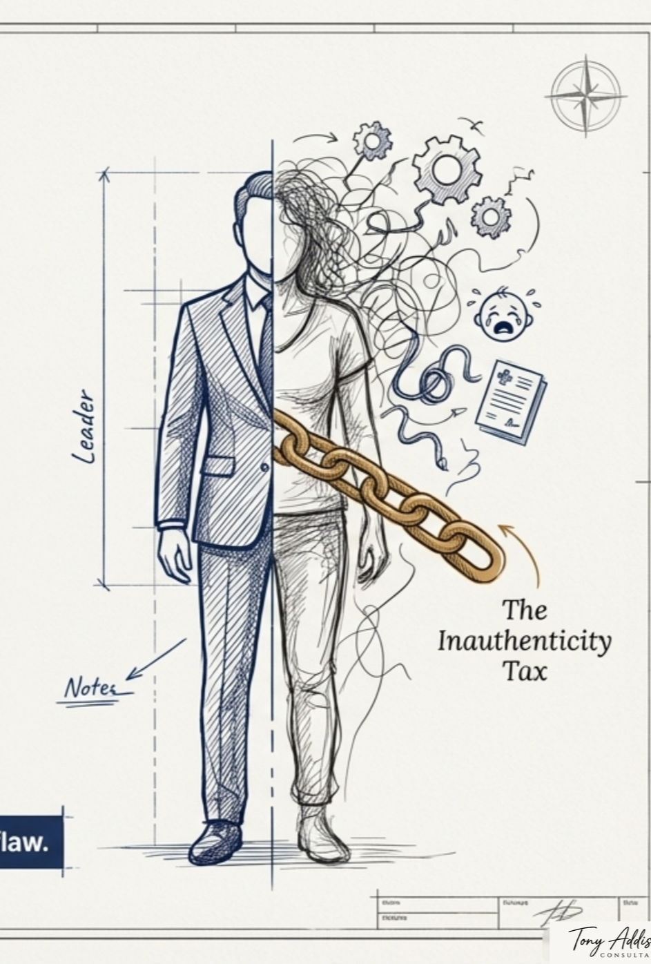 A hand-drawn illustration depicting a split figure of a man in a suit and a woman, with the woman covered in tangled lines and gears, and a large chain labeled "The Inauthenticity Tax" around her waist. The drawing includes labels for "Lever" and "Note," along with a small crying face, document, and compass in the background, symbolizing complex issues like authenticity and mental health.