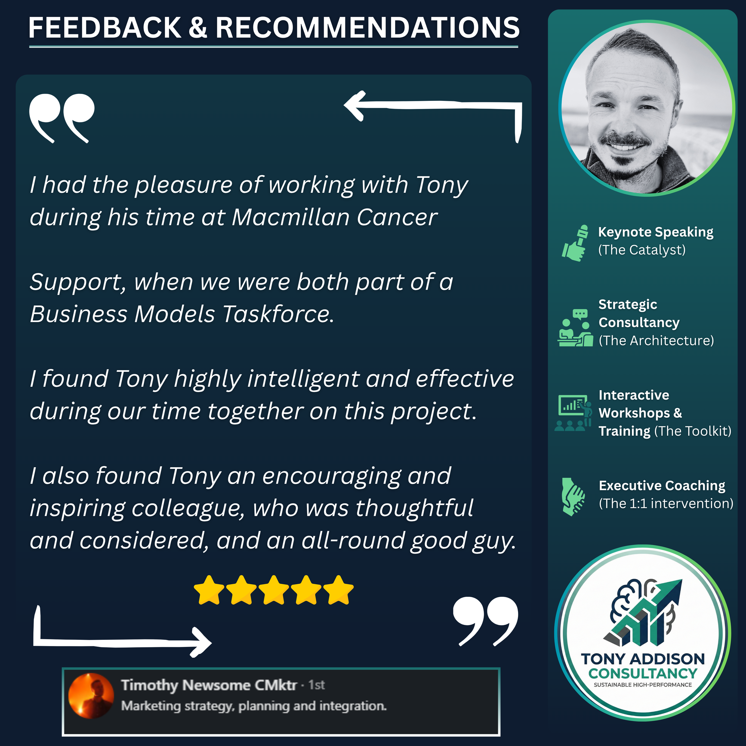 Feedback and recommendations section with a quote about working with Tony at Macmillan Cancer, a five-star rating, and a testimonial from Timothy Newsome about Tony Addison Consultancy. Features a photo of a smiling man, icons for keynote speaking, strategic consultancy, interactive workshops, and executive coaching, and a logo for Tony Addison Consultancy.