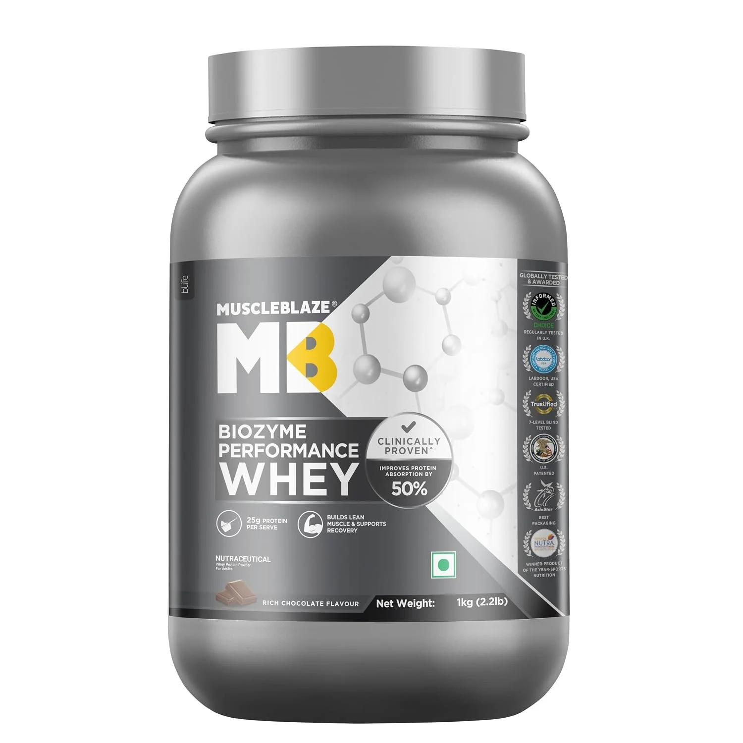 MuscleBlaze Biozyme Performance Whey protein supplement for gym workouts muscle growth and recovery 1kg Rich Chocolate 25g protein per scoop