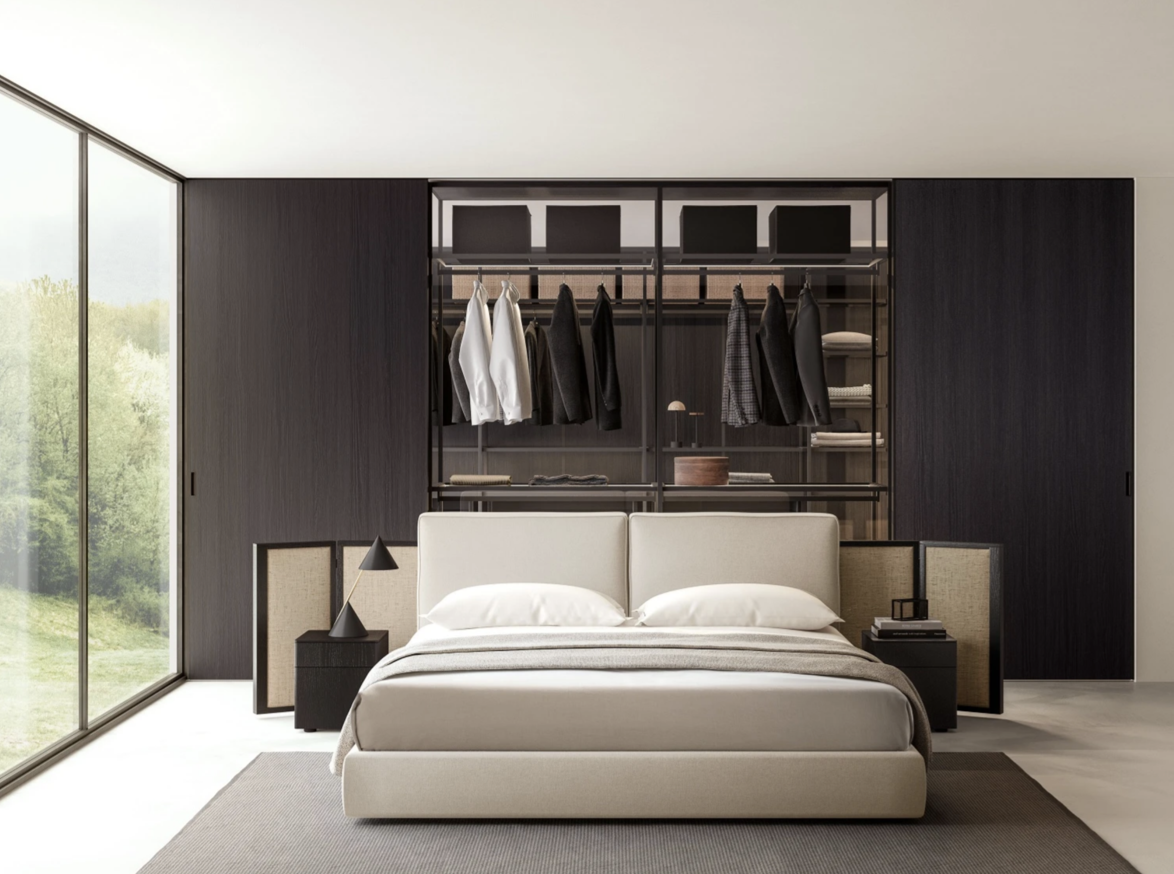 Modern bedroom with large window, bed with beige upholstery, black nightstands, and a closet with hanging clothes and shelves.